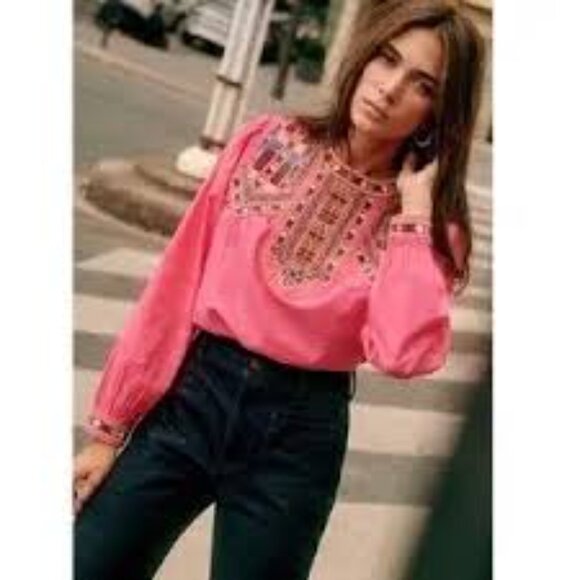 Sézane Tam Blouse with Embroidered Bib and Cuffs - Picture 1 of 9